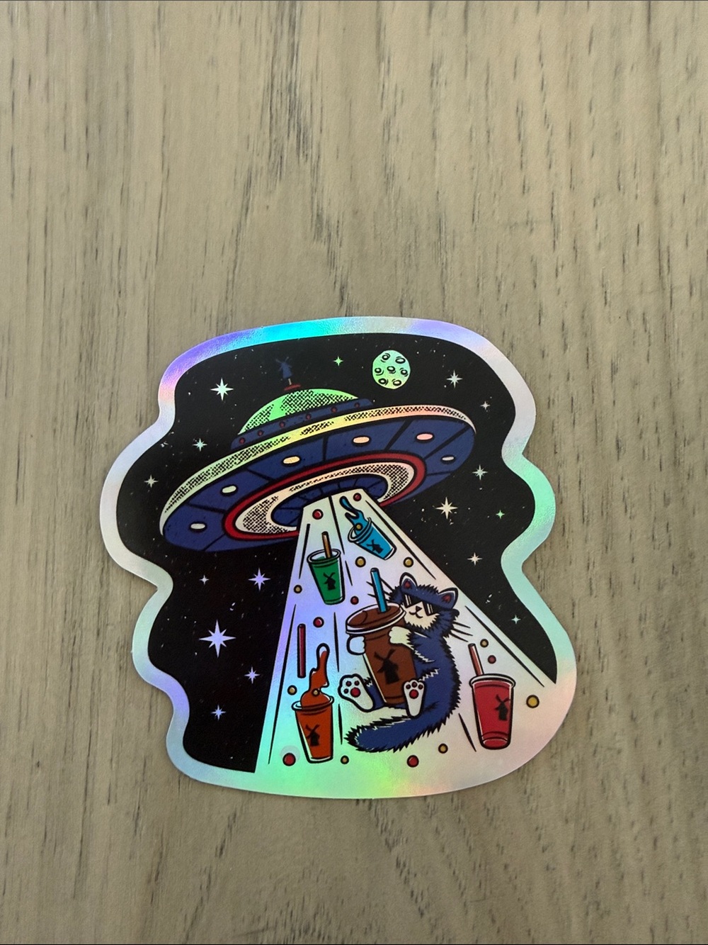 Dutch Bros Holographic UFO cat Sticker - Rainbow Iridescent